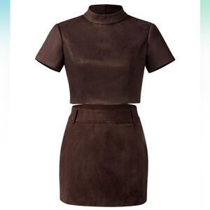 ✨NWT JW PEI Grace Faux Suede Crop Top and Mini Skirt Set Chocolate Brown Chic